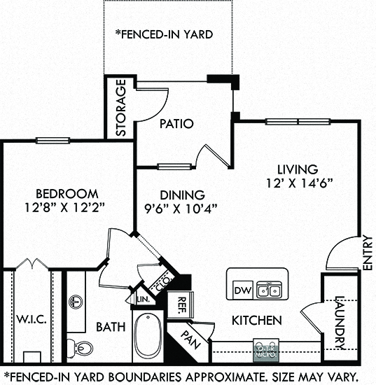 Floor plan for 1 bed, 1 bath, 775 sqft